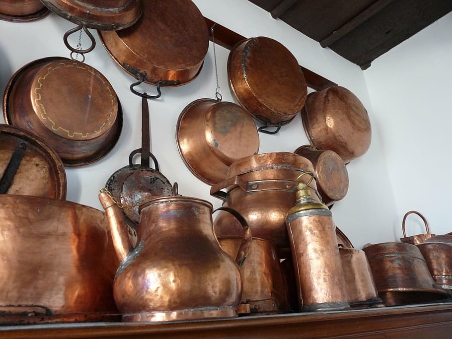copper kitchenware lot, copper boiler, nostalgia, polished HD wallpaper