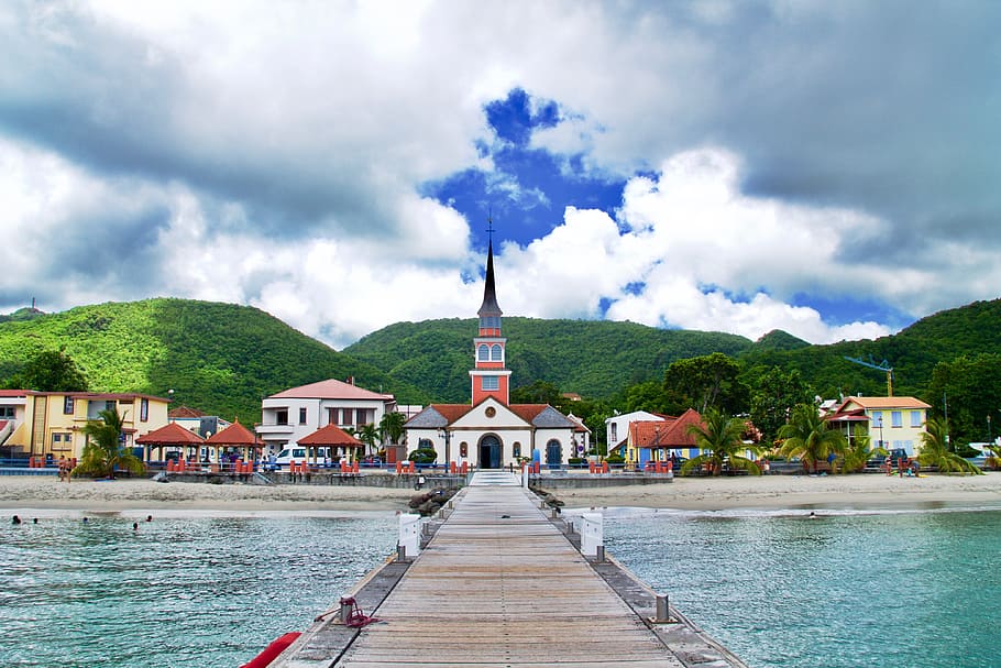 platform, lake, establishments, bridge, sky, clouds, wooden HD wallpaper