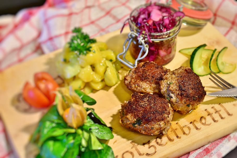 assorted vegetable on brown wooden board, meatballs, minced meat HD wallpaper