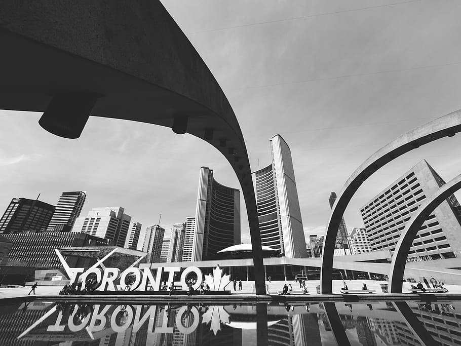 grayscale photo of city, grayscale photography of Toronto City Hall