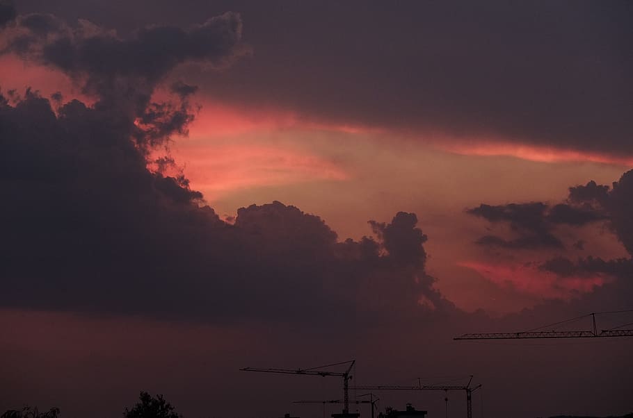 sunset, evening sky, clouds, afterglow, nature, silhouette HD wallpaper