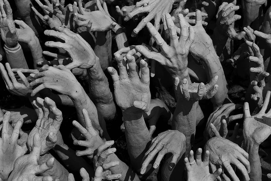 grayscale photo of hands, buddhist hell, thailand, religion, sculpture
