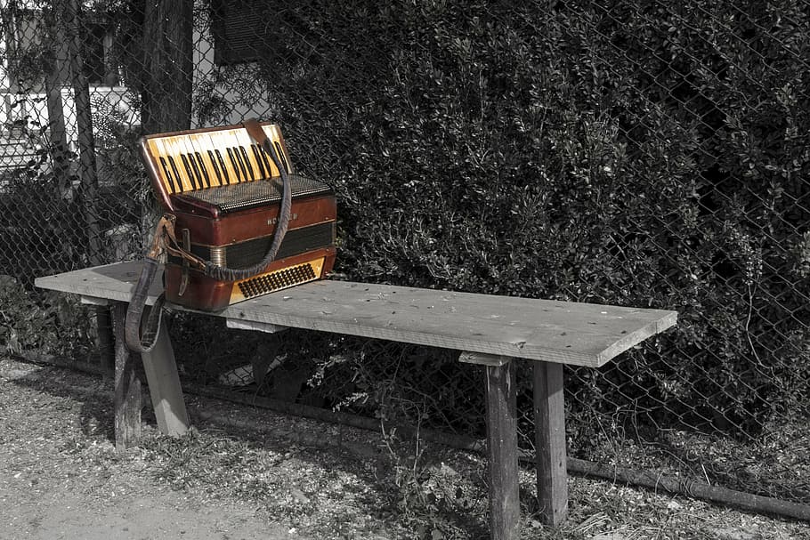 brown and black accordion on bench, alone, music, instrument, HD wallpaper