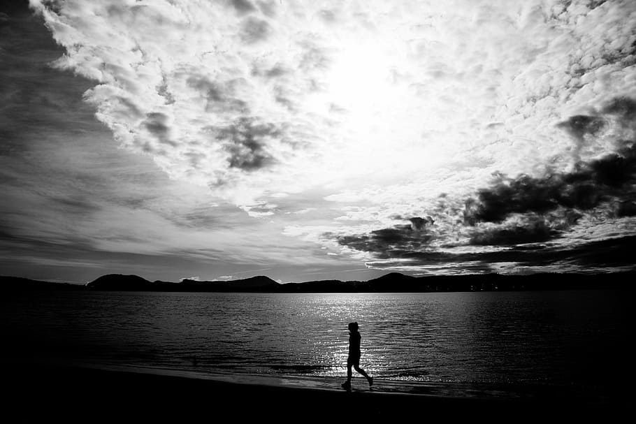 beach, black-and-white, clouds, dawn, dusk, landscape, man HD wallpaper