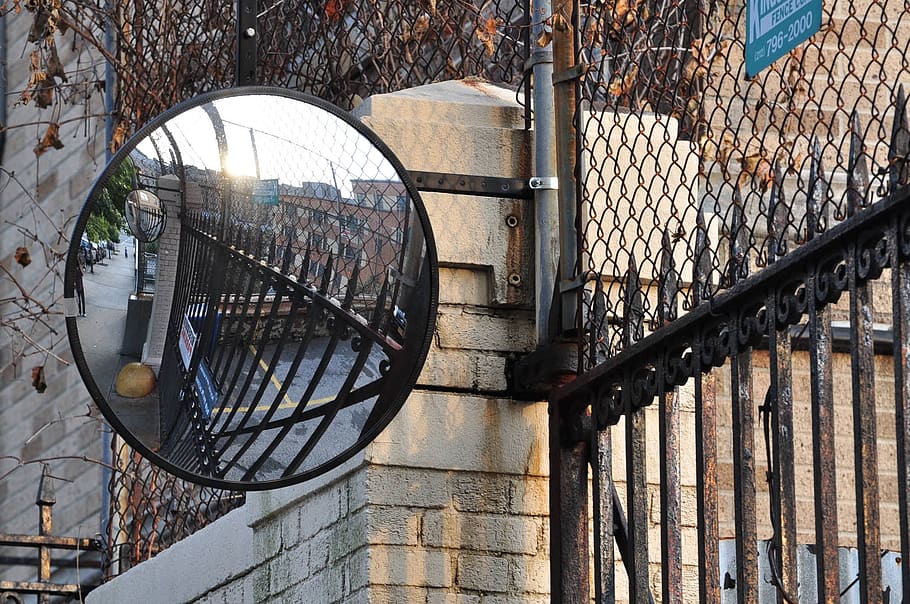 mirror, fences, security, reflection, new york, gate, building HD wallpaper
