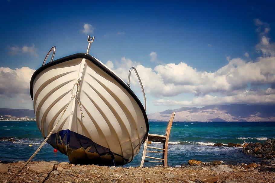 waters, sea, beach, sky, coast, fishing boat, chair, crete HD wallpaper