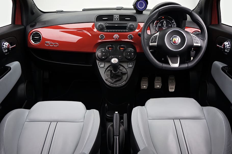 black and red vehicle interior, fiat, 500, car, italy, transport, HD wallpaper