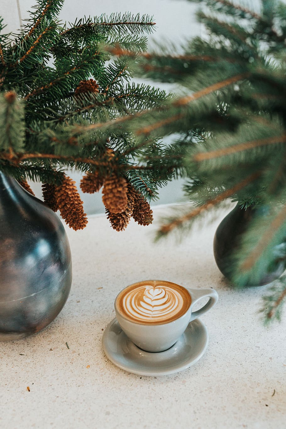 white ceramic coffee mug on saucer in front green leaves, espresso beside gray steel vase HD wallpaper