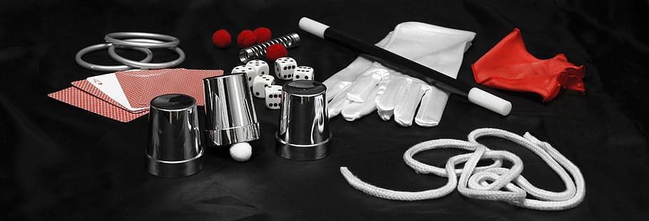 white and black magician kit, conjure, conjurer, wand, cards, HD wallpaper