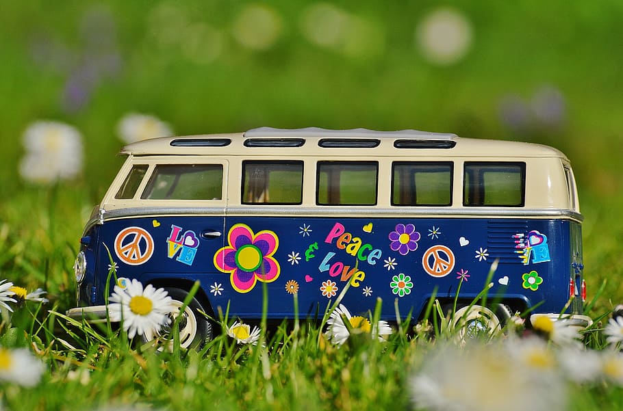 blue and white Volkswagen Type 2 die-cast model on green grass field shallow focus photography during daytime, HD wallpaper