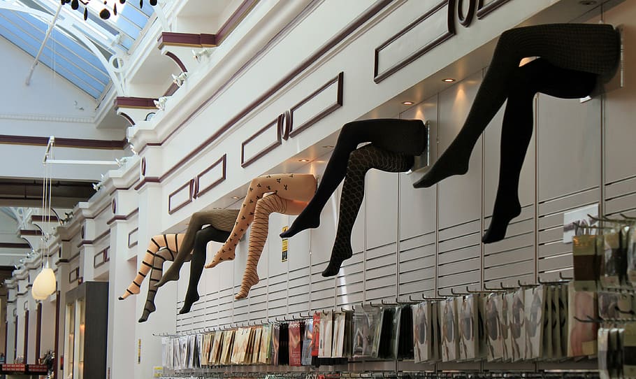 peg hooks beside white wall, legs, stockings, lady legs, department store, HD wallpaper