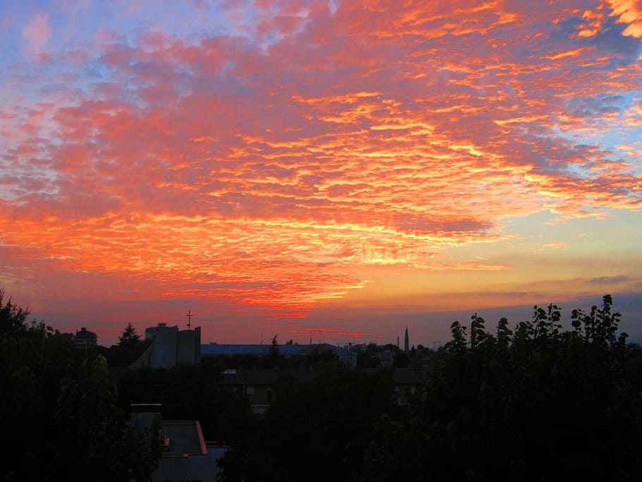 sunset, clouds, sky, orange, evening, twilight, city, dusk HD wallpaper