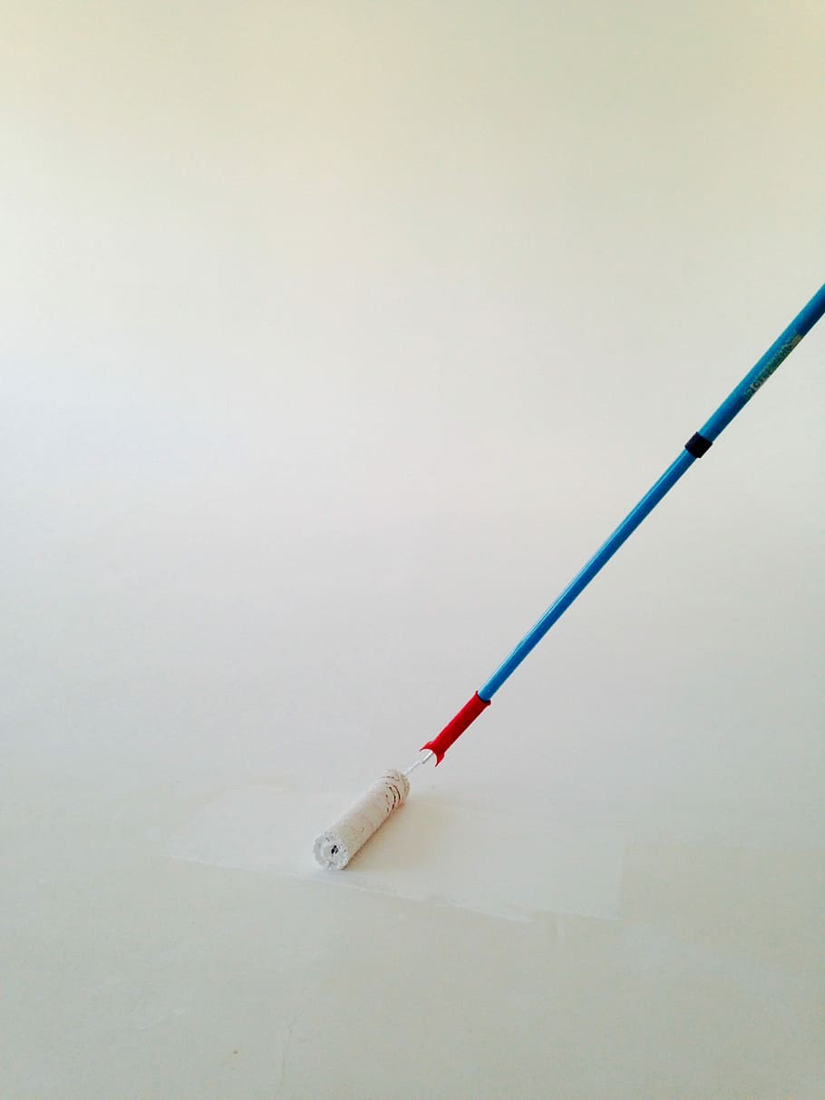 paint roller with white paint against the wall, red and blue mop roller HD wallpaper
