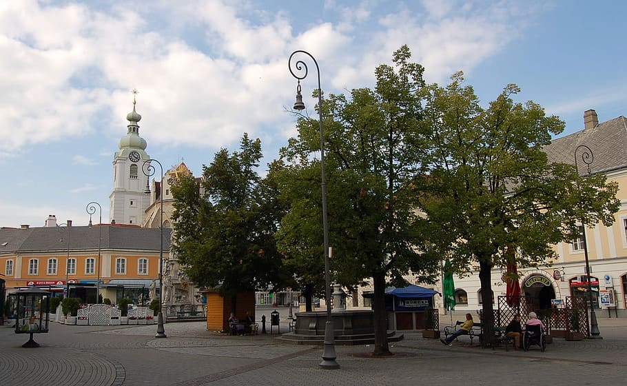 Main square of Neunkirchen, Austria, buildings, public domain HD wallpaper