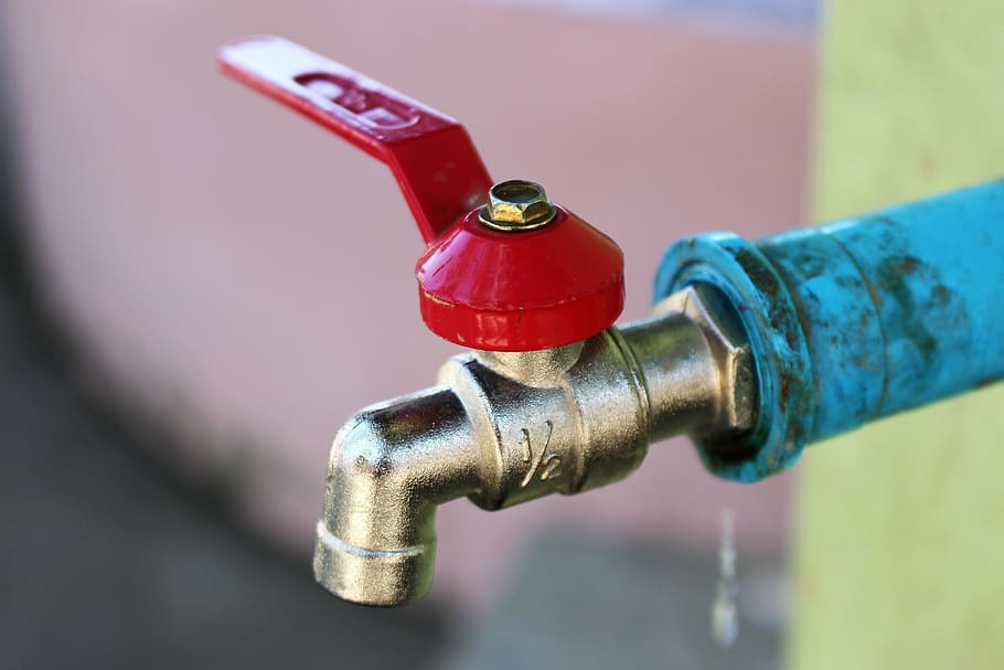red and silver gauge, water tap, valve, faucet, pipe, plumbing