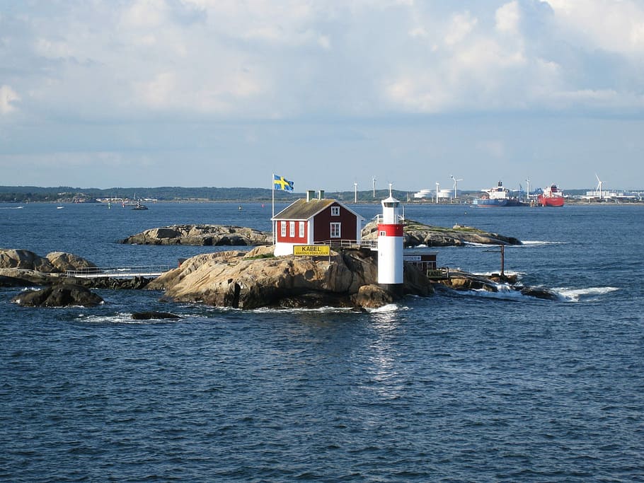 white lighthouse near the house, Gothenburg, Baltic Sea, gäveskär