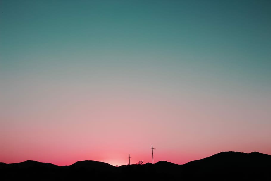silhouette of mountains under pink and blue sky, silhouette of a mountain during orange sunset, HD wallpaper