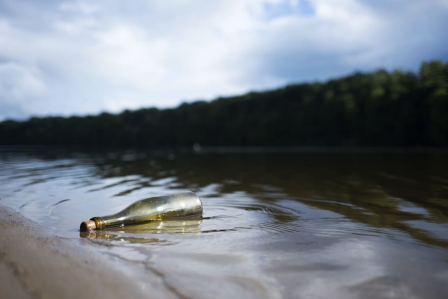clear glass bottle on water under clear sky, river, nature HD wallpaper