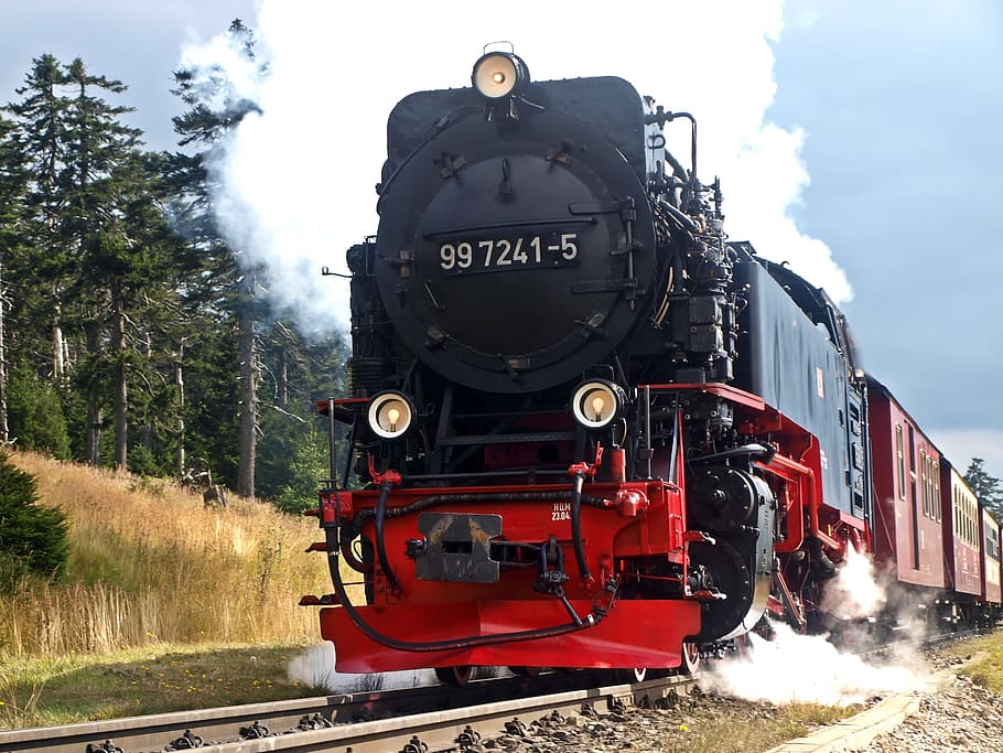 red and black public train, technology, drive, nature, steam train HD wallpaper
