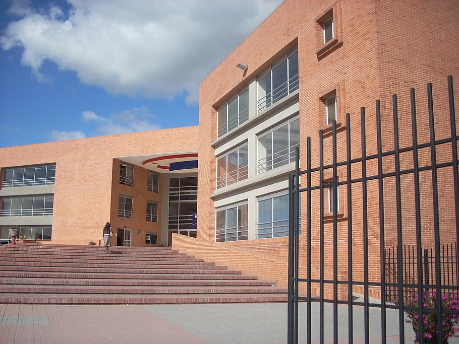 woman climbing steps, school, building, bogotá, architecture HD wallpaper