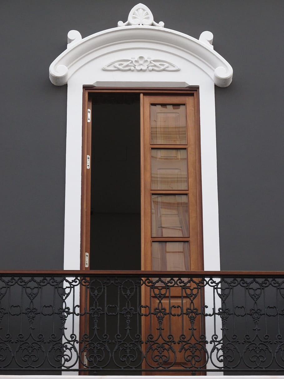 brown wooden open door, minimalism, building, facade, balcony HD wallpaper