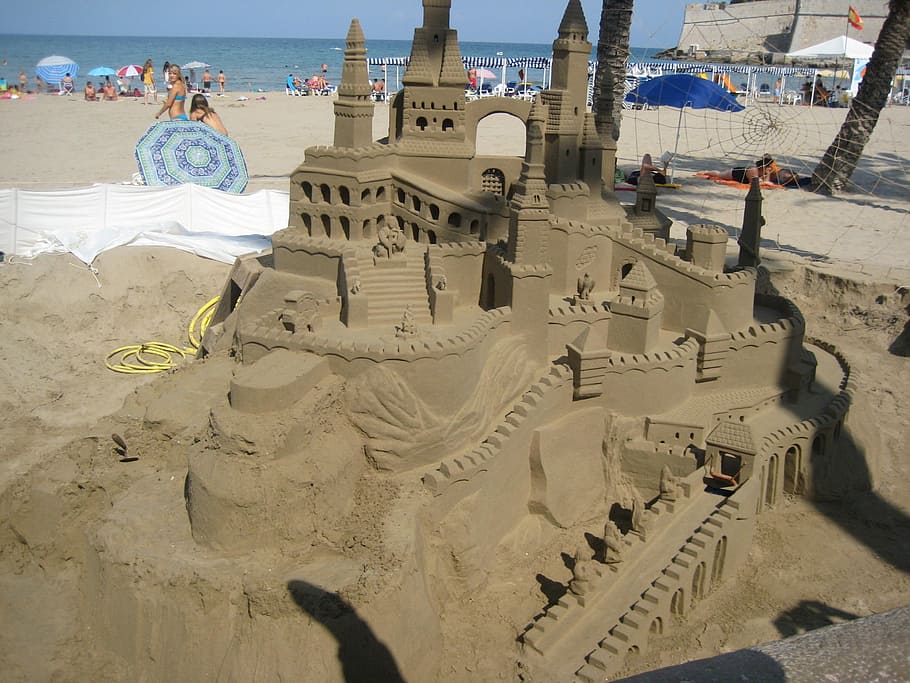 castle, sand, beach, sun, architecture, representation, human representation HD wallpaper