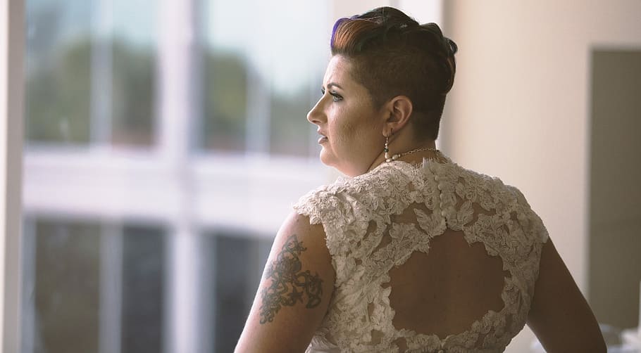 woman taking selfie in sideview, female, dress, tattoo, lace, HD wallpaper