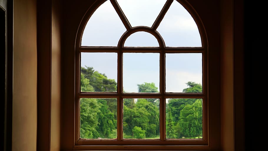 brown wooden arc framed glass window, trees, indoors, looking through window HD wallpaper