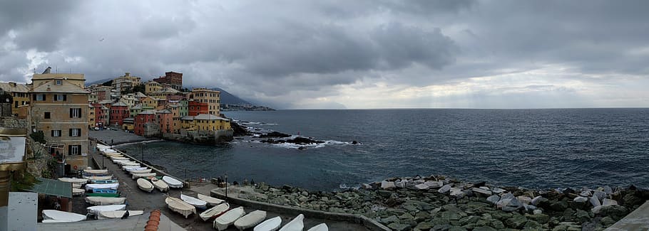 Genoa, Boccadasse, Village, Landscape, cloud - sky, sea, building exterior, HD wallpaper
