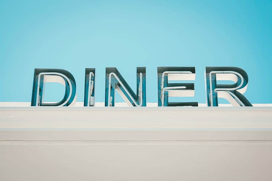 Diner signage, photo of teal diner signage on white surface, restaurant sign, HD wallpaper