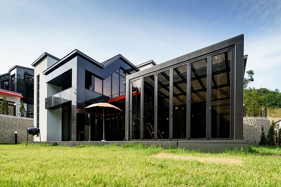 gray and black 2-storey house, sky, home, modern, grass, homes for sale HD wallpaper