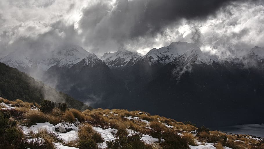 winter, snow, grass, mountain, trees, highland, dark, clouds HD wallpaper