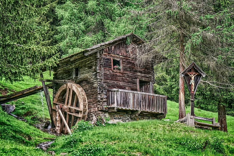 brown wooden hut placed on green grass land, architecture, building, HD wallpaper