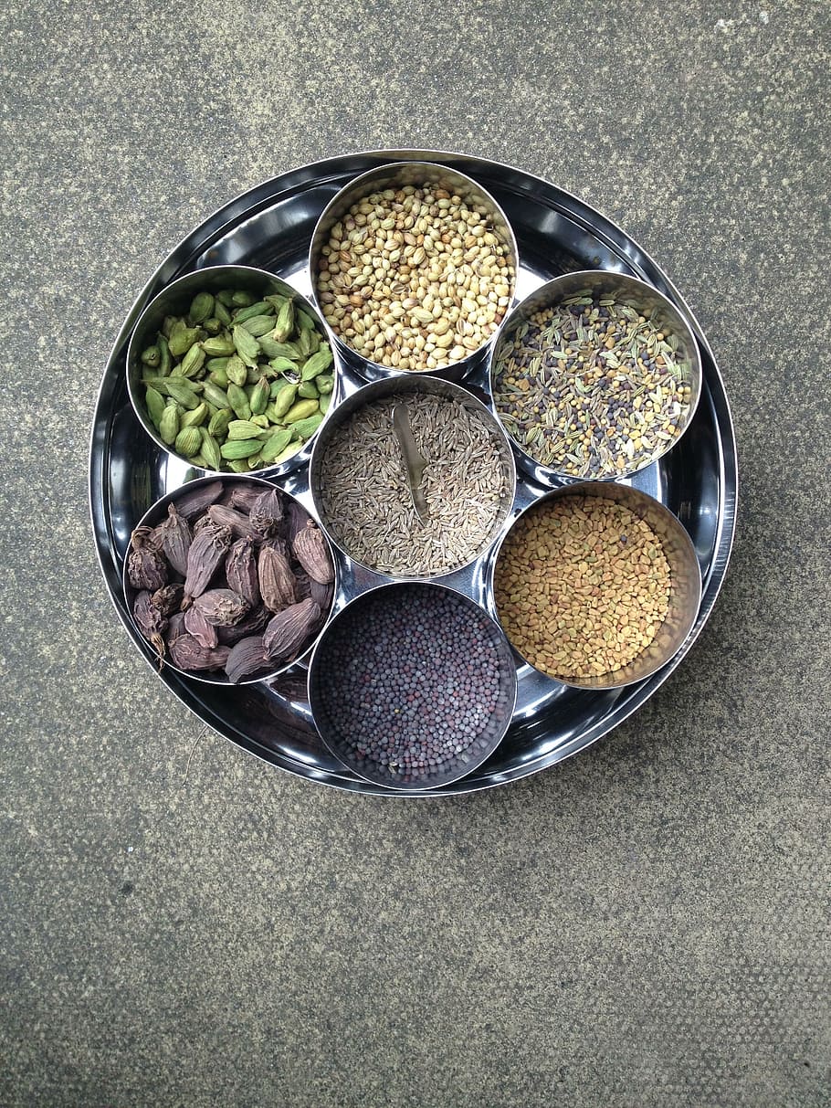 round grey metal container lot, spices, indian, food, pepper, HD wallpaper