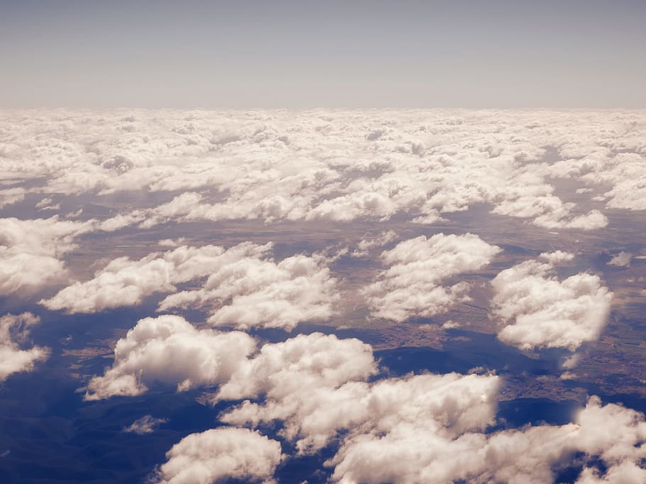 aerial, clouds, sky, view, plane, background, blue, purple HD wallpaper
