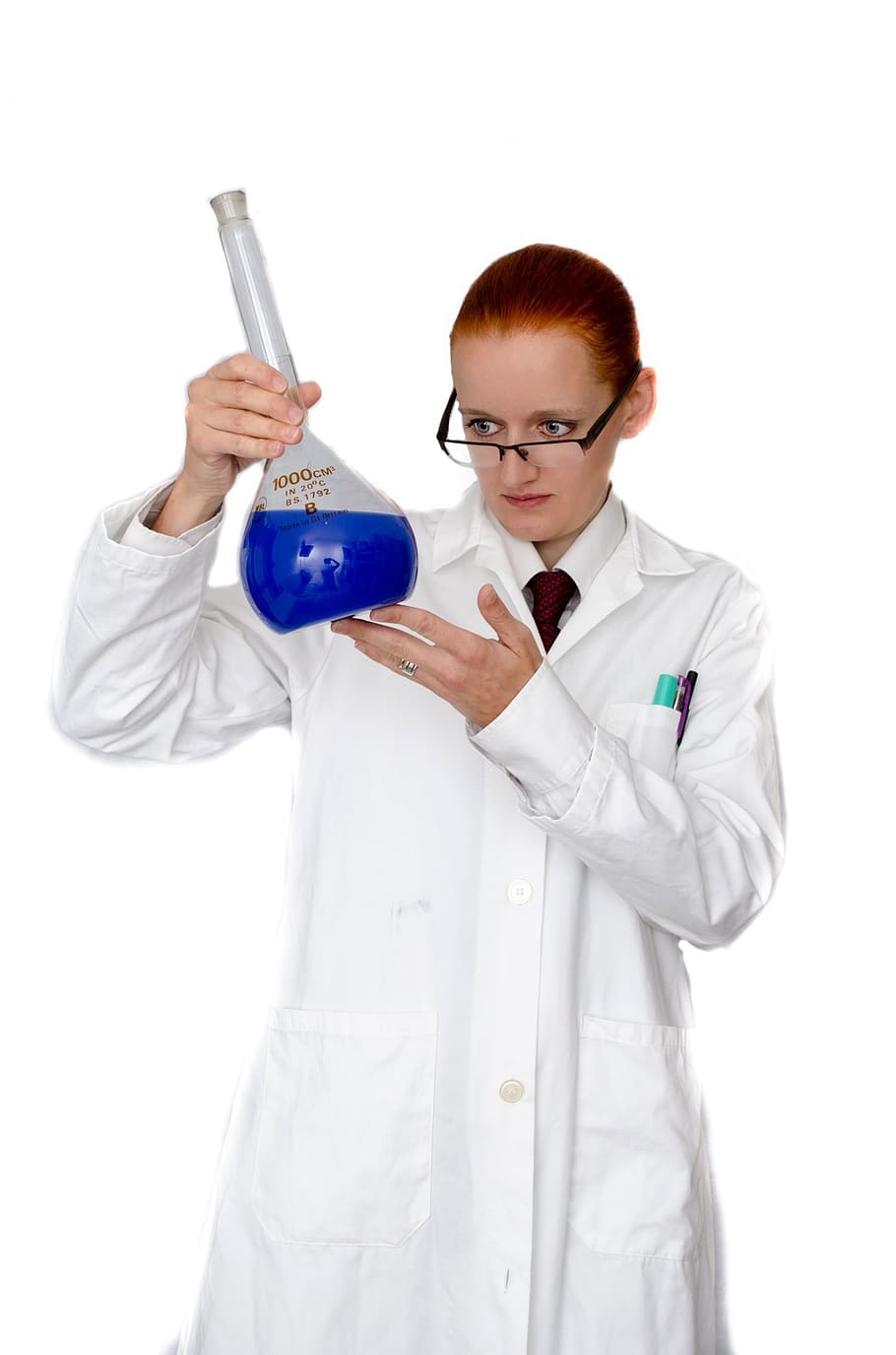 woman in laboratory gown holding glass flask, coat, girl, people