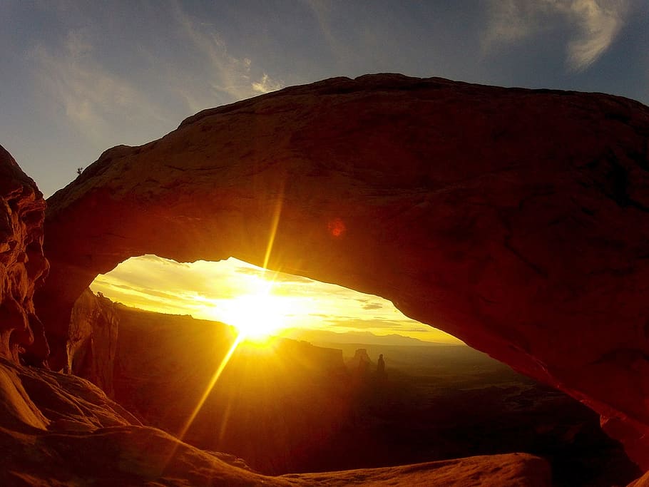 silhouette photography of mountain, stone arch, sunset, landscape HD wallpaper