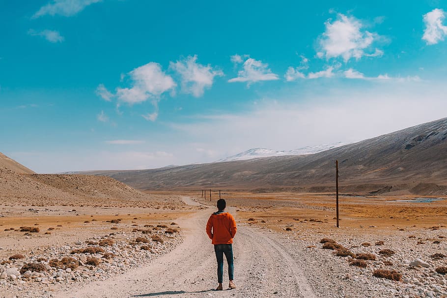 road, walker, holiday, man, path, prairie, sky, mountain, scenics - nature HD wallpaper