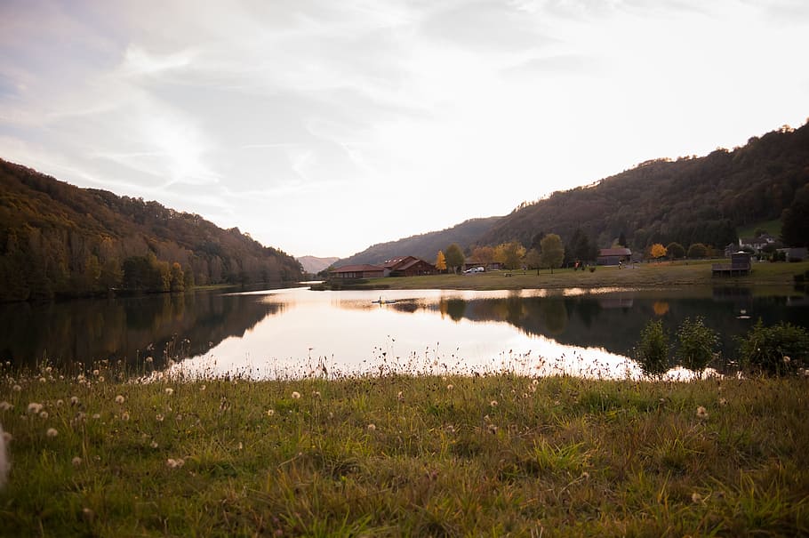 cantal, lake, reflection, fall, pond, mountain, landscape, mirror HD wallpaper