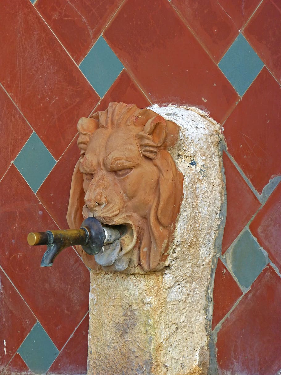 source, leon, water, tap, art and craft, representation, mammal HD wallpaper