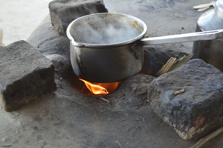 stainless steel pot with handle on top of flame, tea pot, stove HD wallpaper