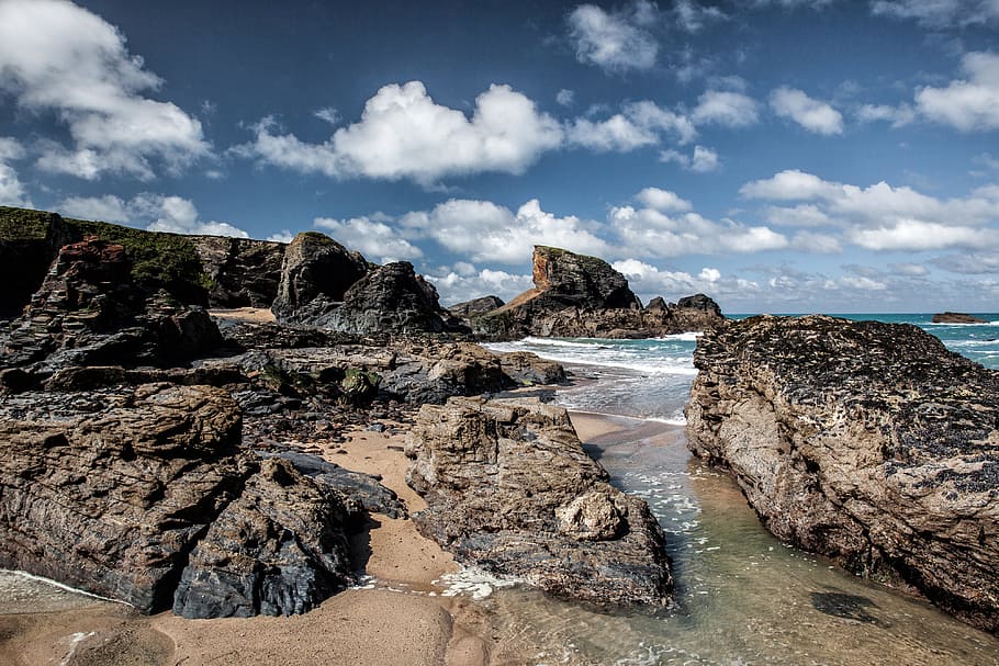 Rocks on the Atlantic Coast of Cornwall, England, nature, beach HD wallpaper