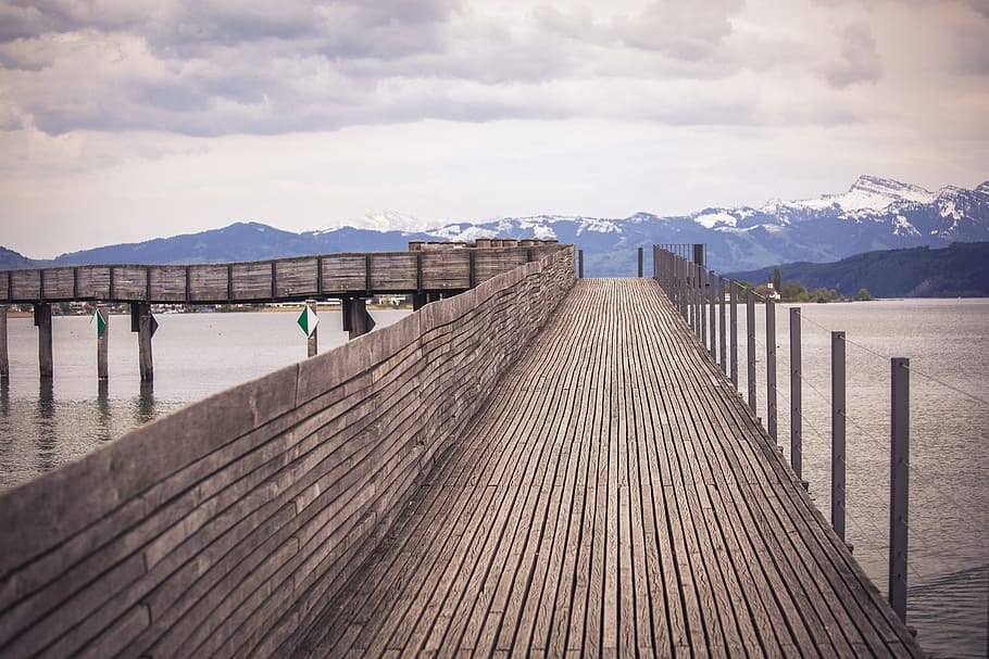 bridge, alpine, switzerland, mountains, landscape, nature, lake HD wallpaper