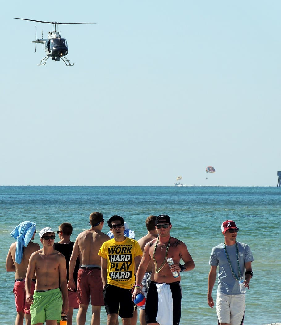 spring break, college kids, group, beach, helicopter, students, HD wallpaper