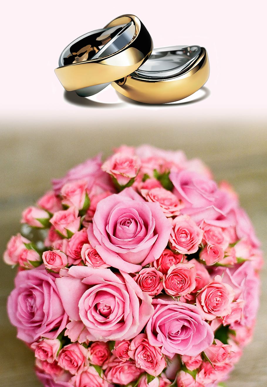 two gold-colored wedding ring and bouquet of rose, wedding rings HD wallpaper