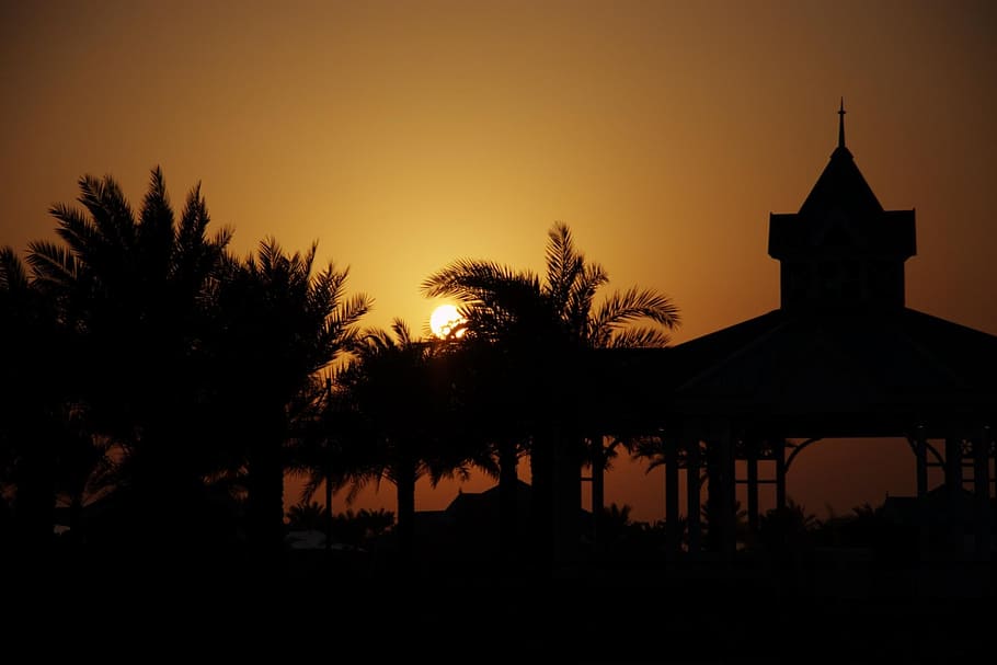 sunset, pavilion, palm trees, evening sky, beach, mood, atmosphere HD wallpaper