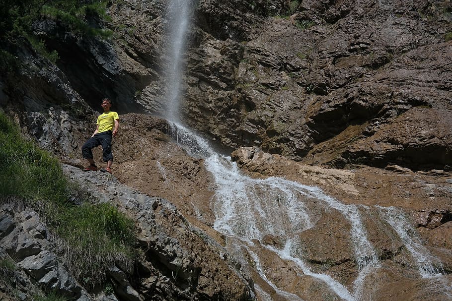 zipfel case, waterfall, man, wanderer, hike, steep, zipfel brook case HD wallpaper