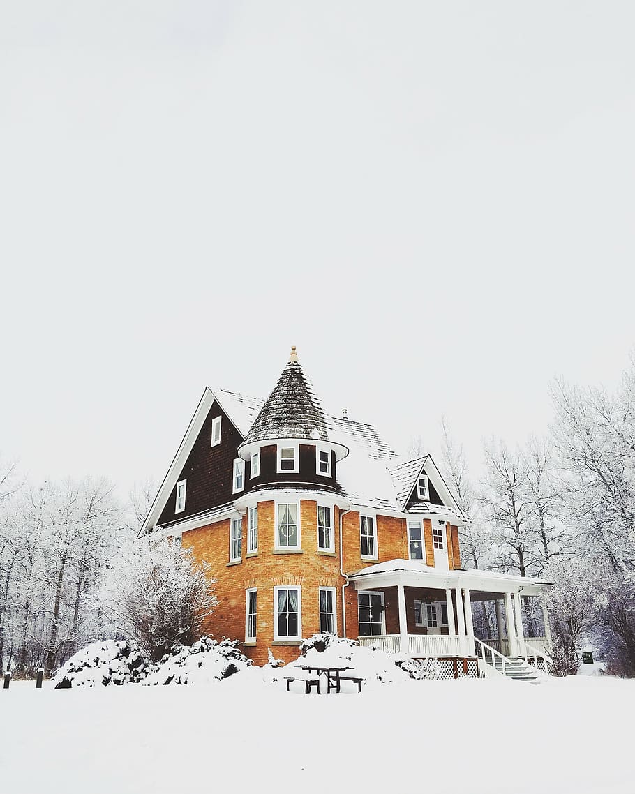 brown concrete house covered with snow near bare trees, winter HD wallpaper