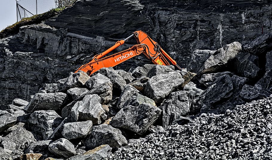 orange Hitachi excavator, digger, rocks, construction, industry, HD wallpaper