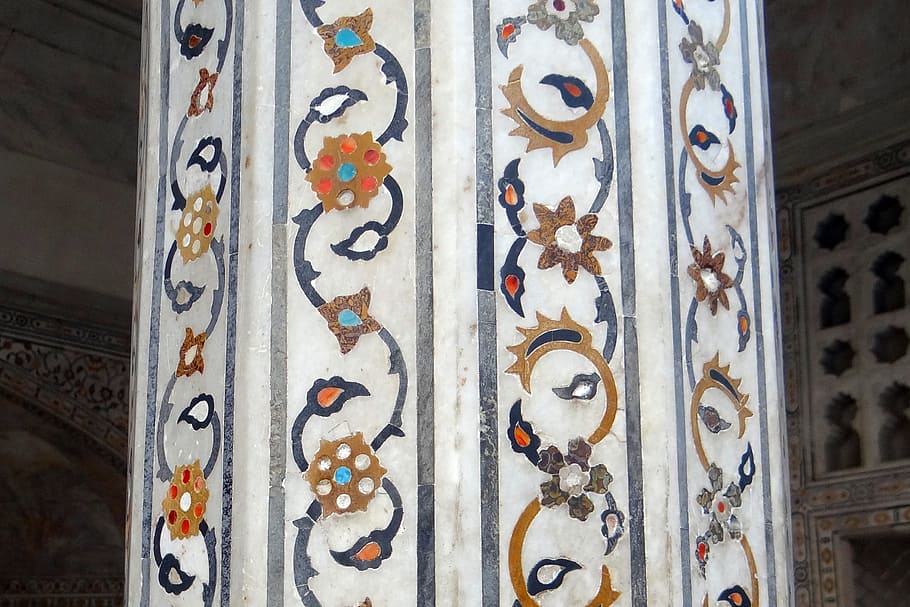 Pillar, Interior, Marble Inlay, precious stones inlaid, agra fort, HD wallpaper